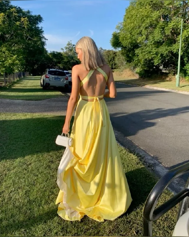 Price Drop chic dressYellow Deep V Neck A-Line Backless Formal Party Dress with Slit,DP1976
