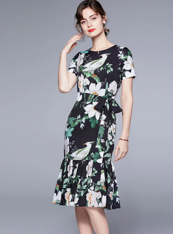New Arrival Round Neck Short Sleeve Flower Bird Print Dress