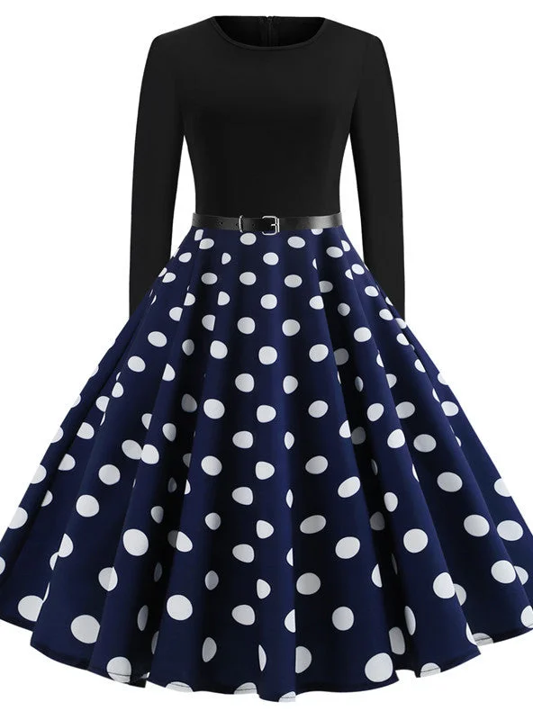 Bargain Blast Retro Round Neck Printed Long Sleeves Dress