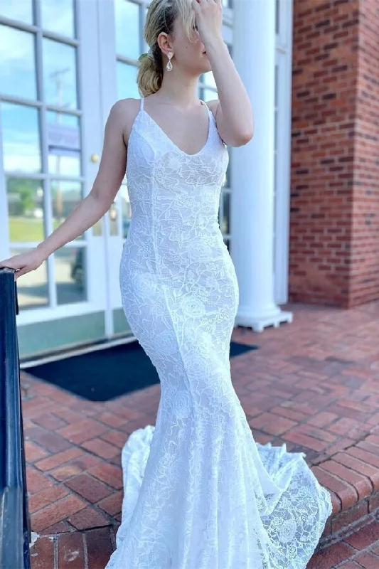 Fantastic Offers elegant maxi dressWhite Spaghetti Straps Lace Mermaid Long Prom Dress Light Wedding Dress,DP1599