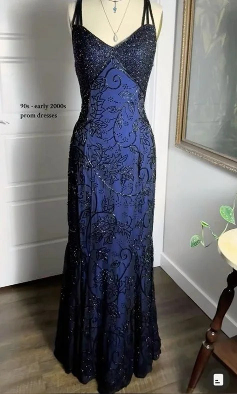 Mega Sale bohemian dressDark Blue Straps Beading Mermaid Vintage Long Prom Dress DP3875